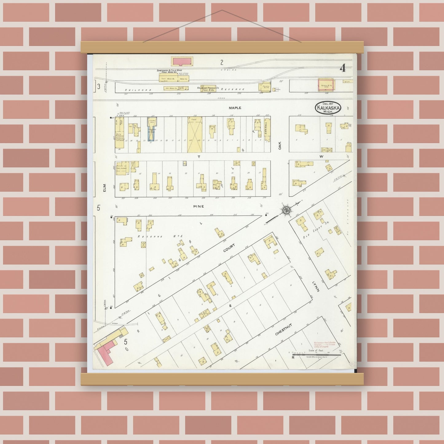 Old map wall art mockup — magnetic wood frame on brick wall — Sanborn Fire Insurance Map from Kalkaska, Kalkaska County, Michigan (1917), Sheet #0004