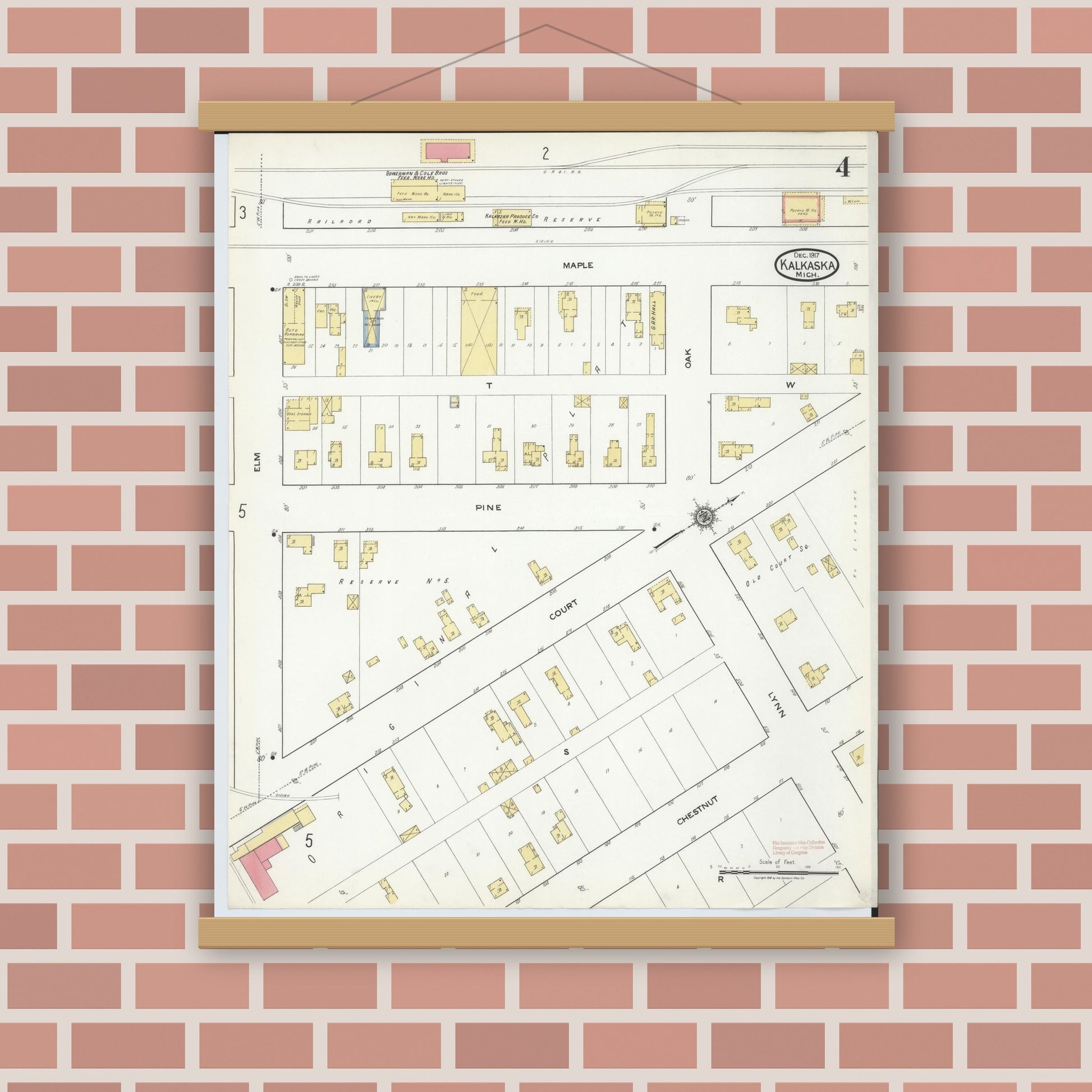 Old map wall art mockup — magnetic wood frame on brick wall — Sanborn Fire Insurance Map from Kalkaska, Kalkaska County, Michigan (1917), Sheet #0004