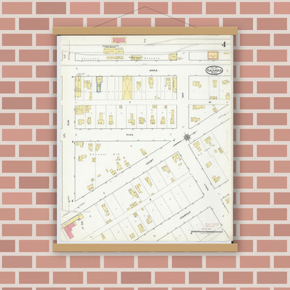 Old map wall art mockup — magnetic wood frame on brick wall — Sanborn Fire Insurance Map from Kalkaska, Kalkaska County, Michigan (1917), Sheet #0004