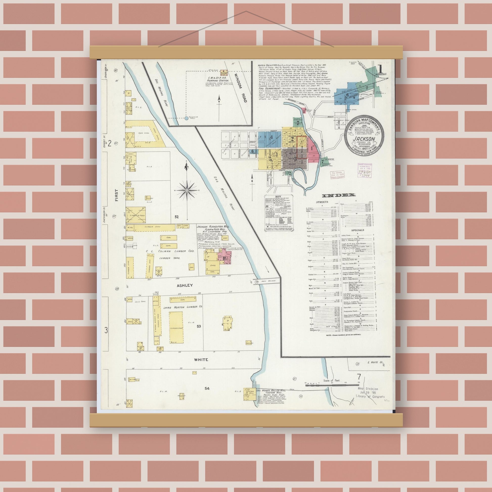 Old map wall art mockup — magnetic wood frame on brick wall — Sanborn Fire Insurance Map from Jackson, Jackson County, Minnesota (1907) - Complete Map Set