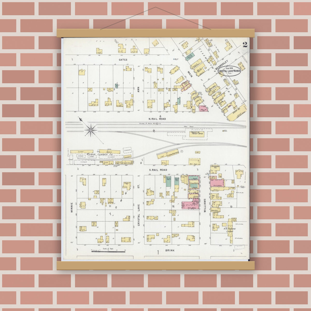Old map wall art mockup — magnetic wood frame on brick wall — Sanborn Fire Insurance Map from Crystal Lake, McHenry County, Illinois (1898), Sheet #0002