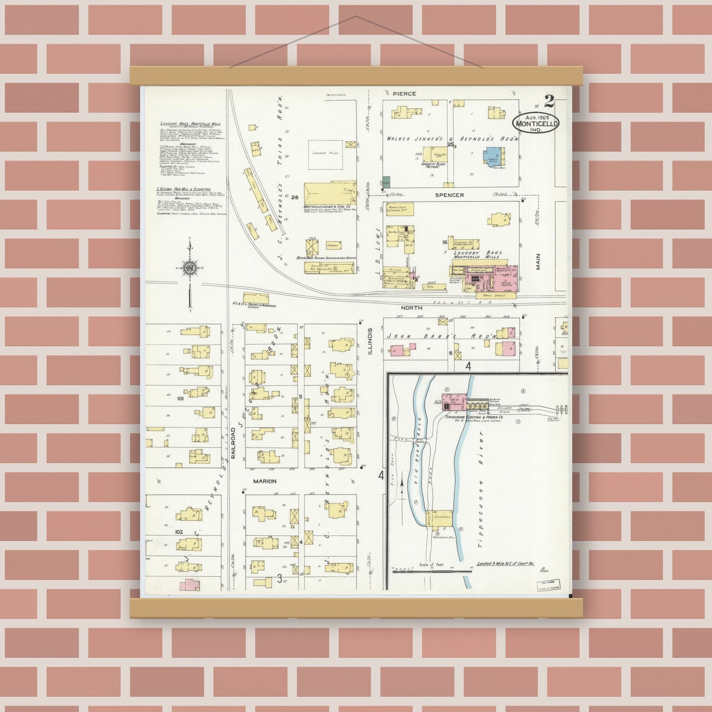 Old map wall art mockup — magnetic wood frame on brick wall — Sanborn Fire Insurance Map from Monticello, White County, Indiana (1909), Sheet #0002