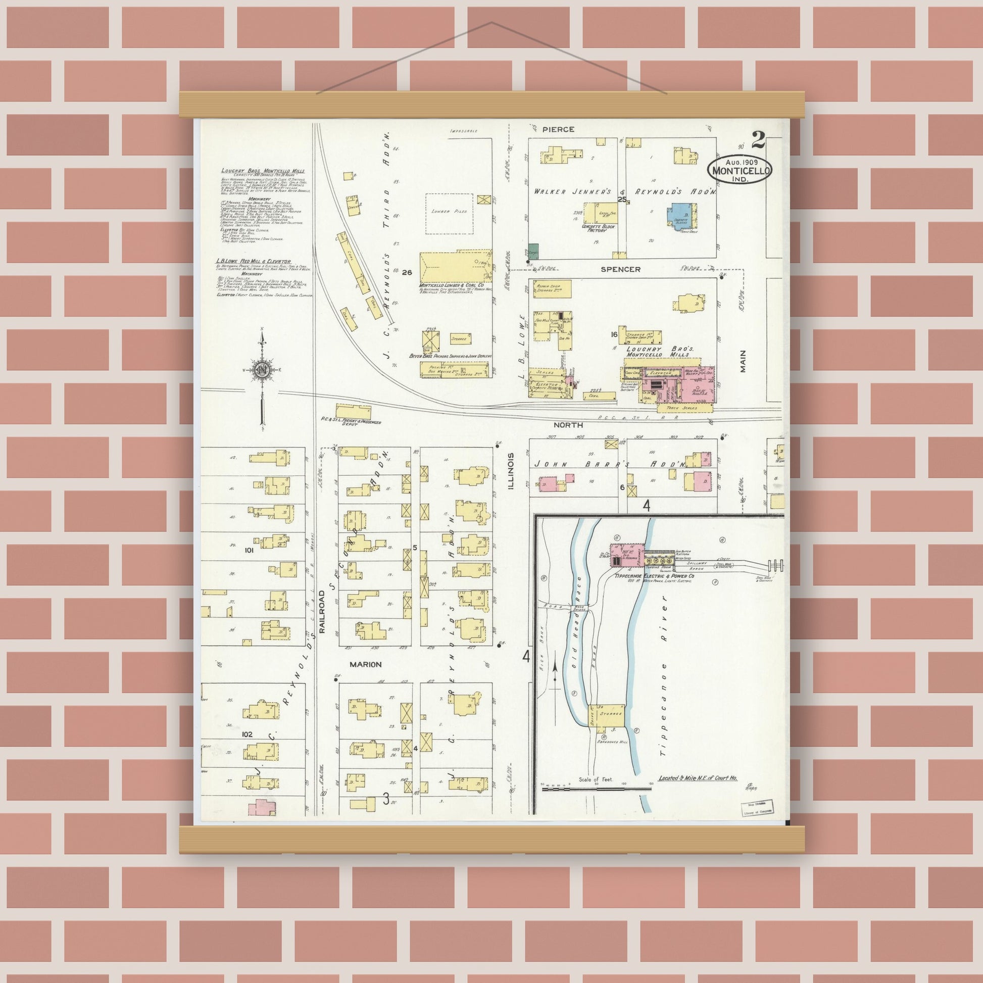 Old map wall art mockup — magnetic wood frame on brick wall — Sanborn Fire Insurance Map from Monticello, White County, Indiana (1909), Sheet #0002