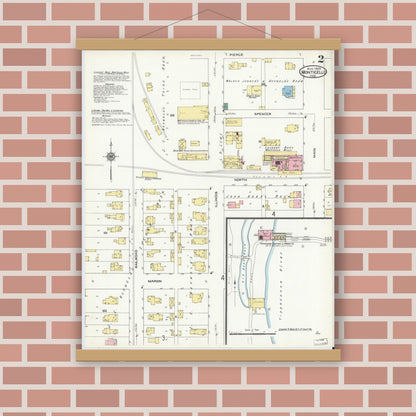 Old map wall art mockup — magnetic wood frame on brick wall — Sanborn Fire Insurance Map from Monticello, White County, Indiana (1909), Sheet #0002