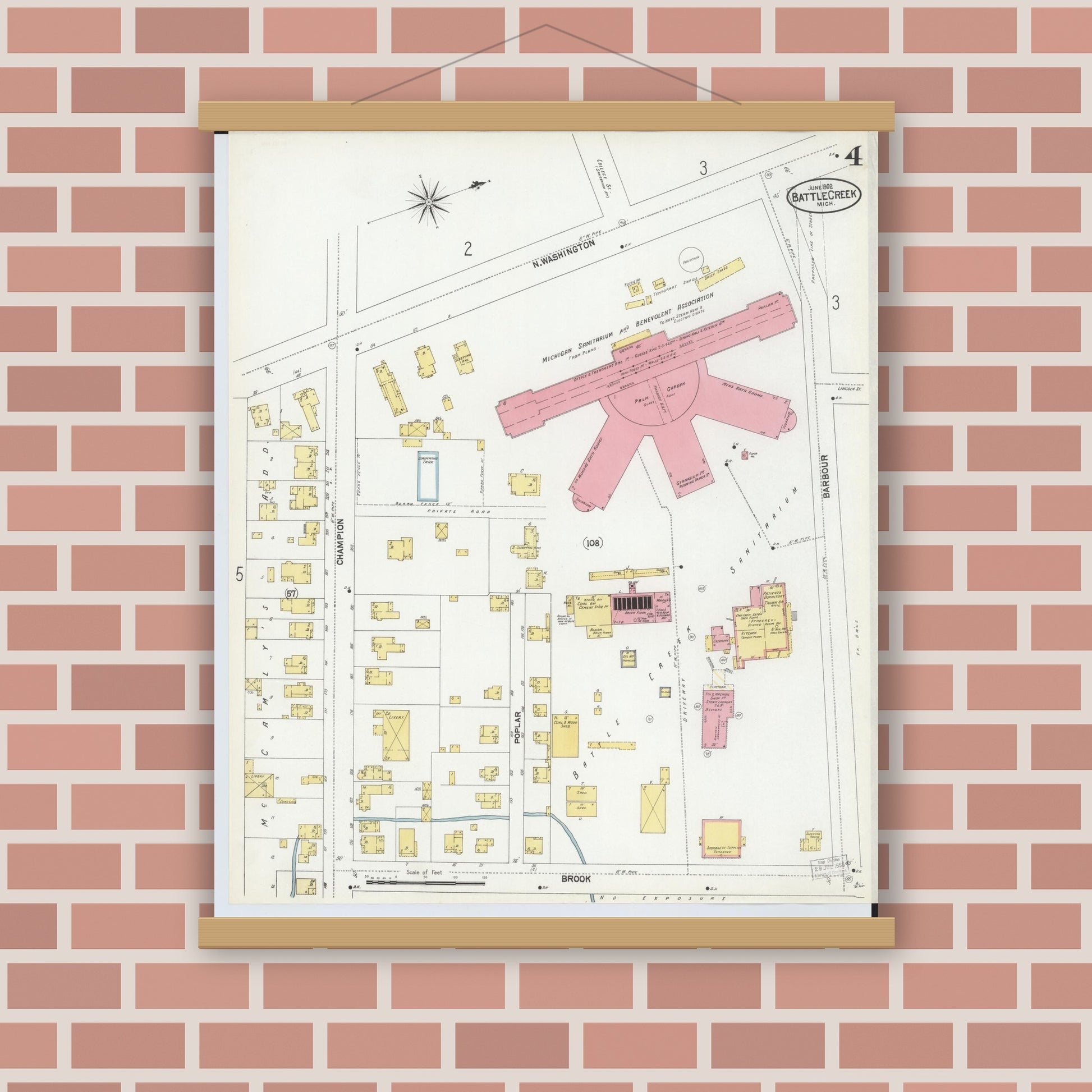 Old map wall art mockup — magnetic wood frame on brick wall — Sanborn Fire Insurance Map from Battle Creek, Calhoun County, Michigan (1902), Sheet #0004