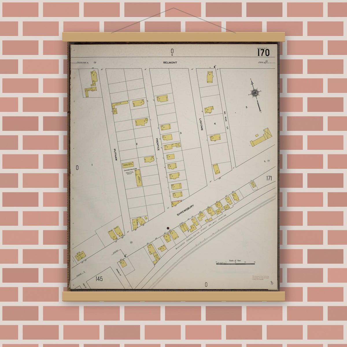 Old map wall art mockup — magnetic wood frame on brick wall — Sanborn Fire Insurance Map from Worcester, Worcester County, Massachusetts (1910), Sheet #0170