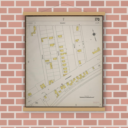 Old map wall art mockup — magnetic wood frame on brick wall — Sanborn Fire Insurance Map from Worcester, Worcester County, Massachusetts (1910), Sheet #0170