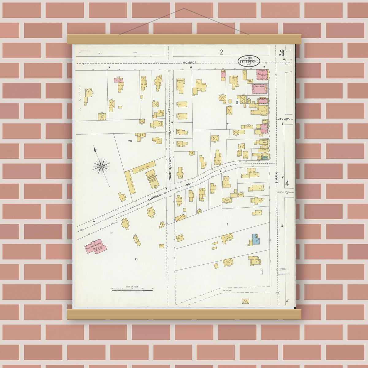 Old map wall art mockup — magnetic wood frame on brick wall — Sanborn Fire Insurance Map from Pittsford, Monroe County, New York (1905), Sheet #0003