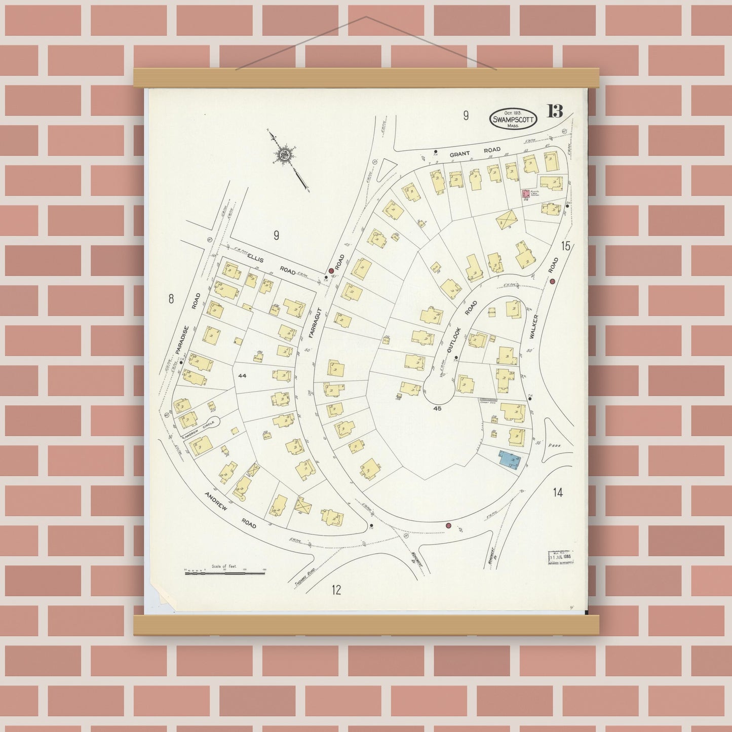 Old map wall art mockup — magnetic wood frame on brick wall — Sanborn Fire Insurance Map from Swampscott, Essex County, Massachusetts (1913), Sheet #0013