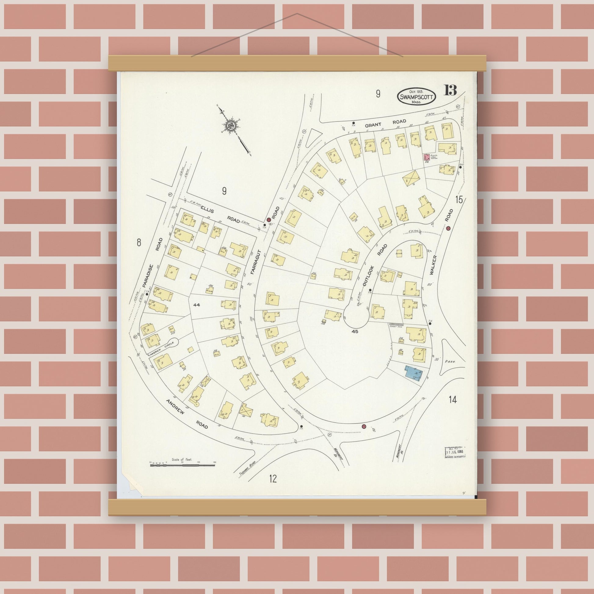 Old map wall art mockup — magnetic wood frame on brick wall — Sanborn Fire Insurance Map from Swampscott, Essex County, Massachusetts (1913), Sheet #0013