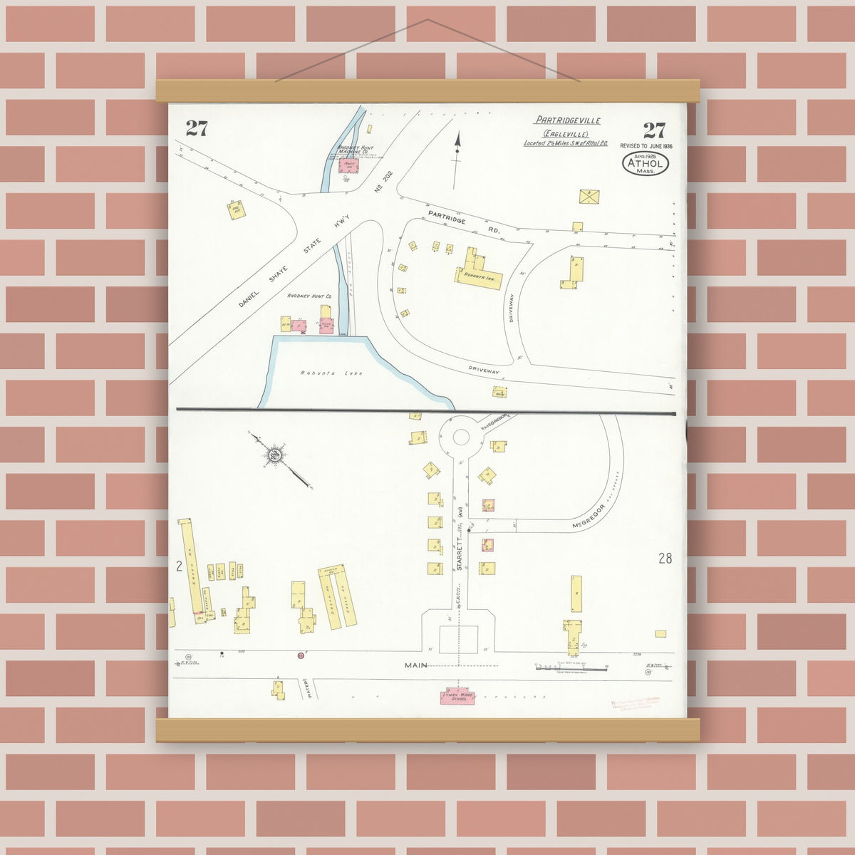 Old map wall art mockup — magnetic wood frame on brick wall — Sanborn Fire Insurance Map from Athol, Worcester County, Massachusetts (1936), Sheet #0027