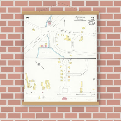 Old map wall art mockup — magnetic wood frame on brick wall — Sanborn Fire Insurance Map from Athol, Worcester County, Massachusetts (1936), Sheet #0027