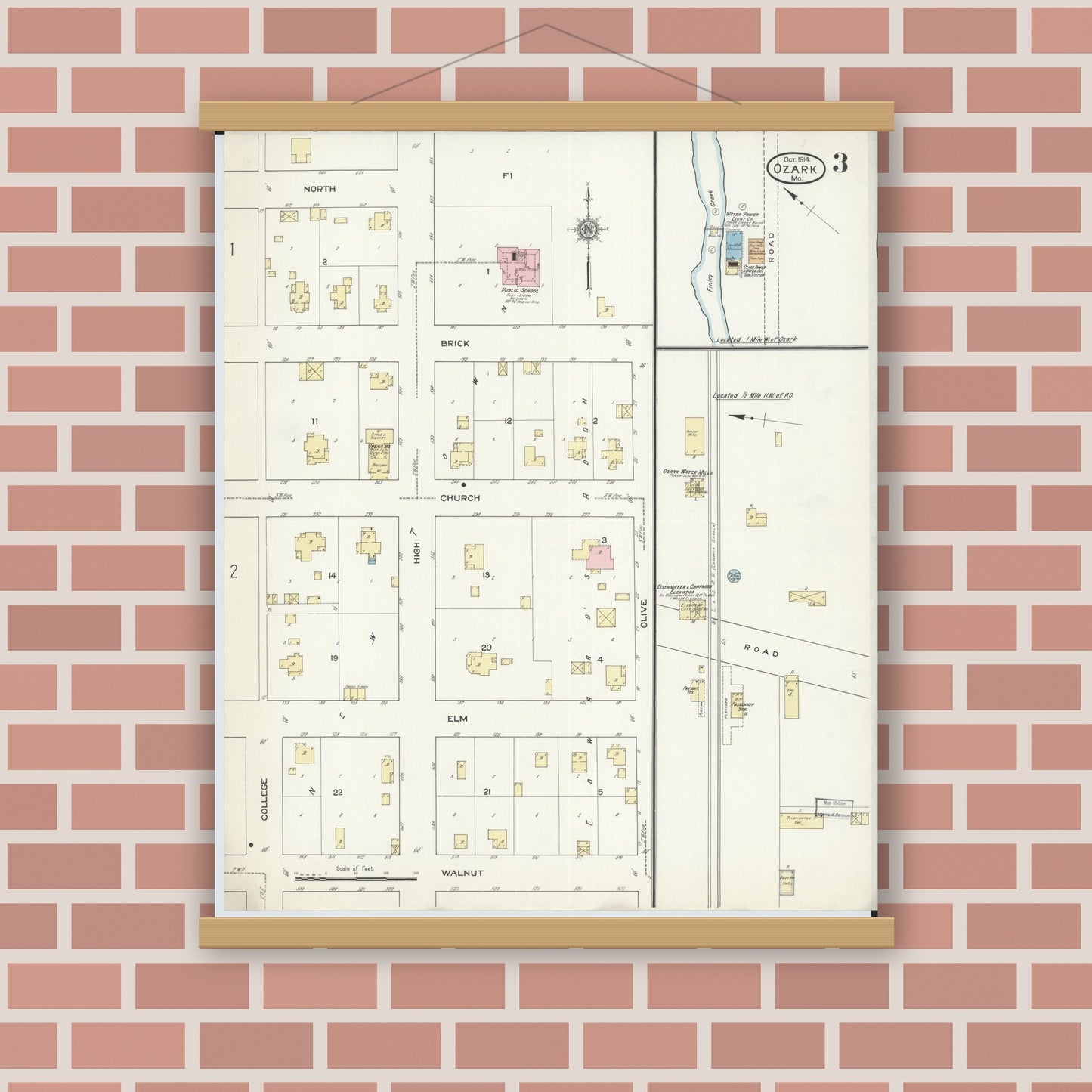 Old map wall art mockup — magnetic wood frame on brick wall — Sanborn Fire Insurance Map from Ozark, Christian County, Missouri (1914), Sheet #0003