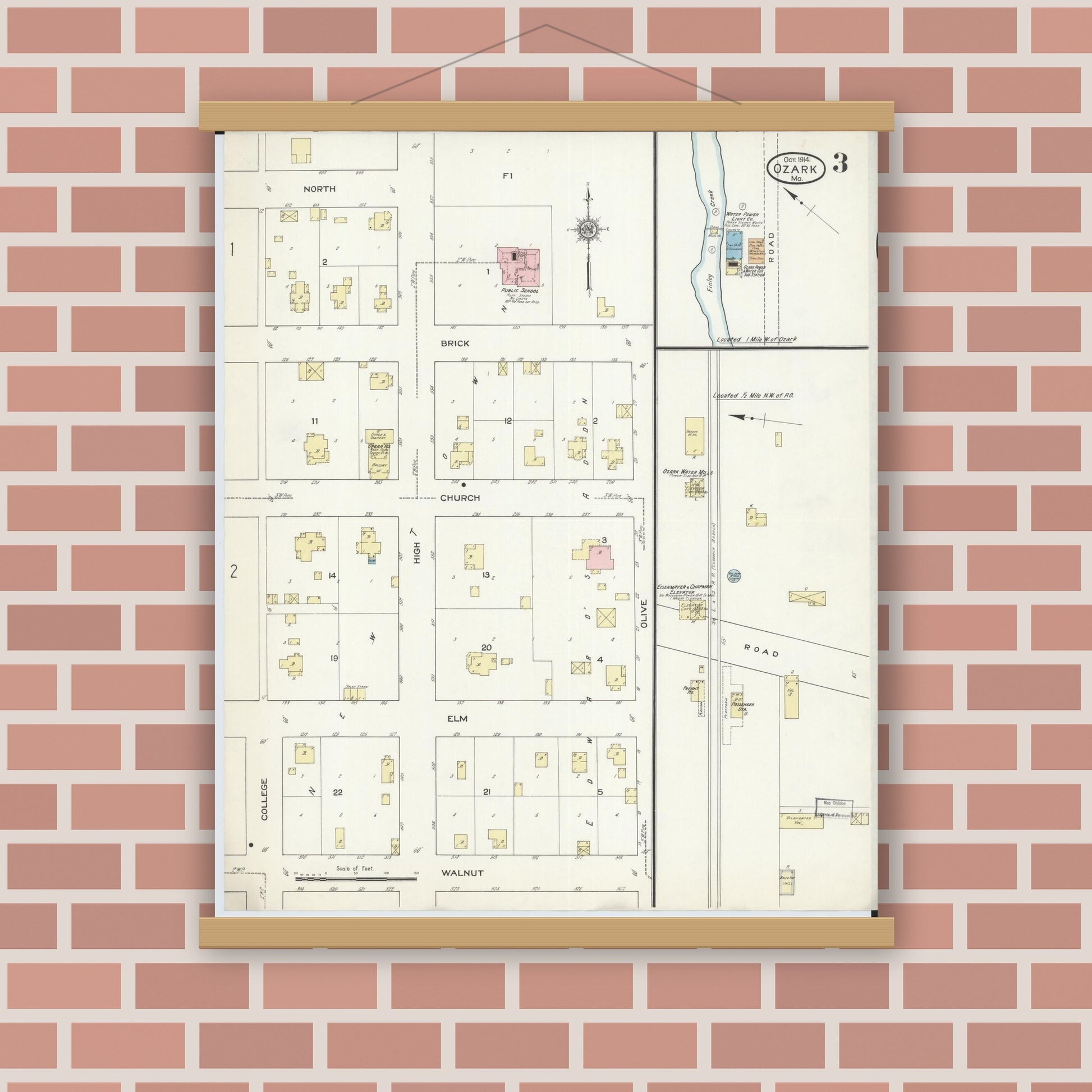 Old map wall art mockup — magnetic wood frame on brick wall — Sanborn Fire Insurance Map from Ozark, Christian County, Missouri (1914), Sheet #0003