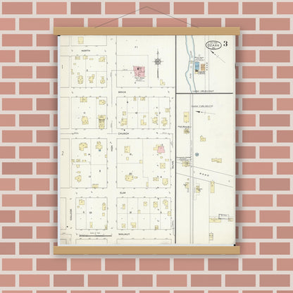 Old map wall art mockup — magnetic wood frame on brick wall — Sanborn Fire Insurance Map from Ozark, Christian County, Missouri (1914), Sheet #0003