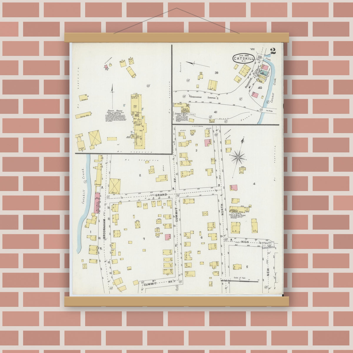 Old map wall art mockup — magnetic wood frame on brick wall — Sanborn Fire Insurance Map from Catskill, Greene County, New York (1895), Sheet #0002