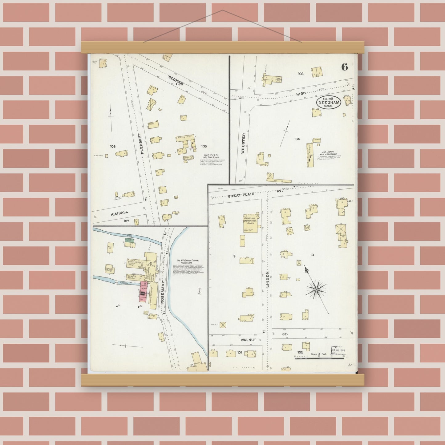 Old map wall art mockup — magnetic wood frame on brick wall — Sanborn Fire Insurance Map from Needham, Norfolk County, Massachusetts (1906), Sheet #0006