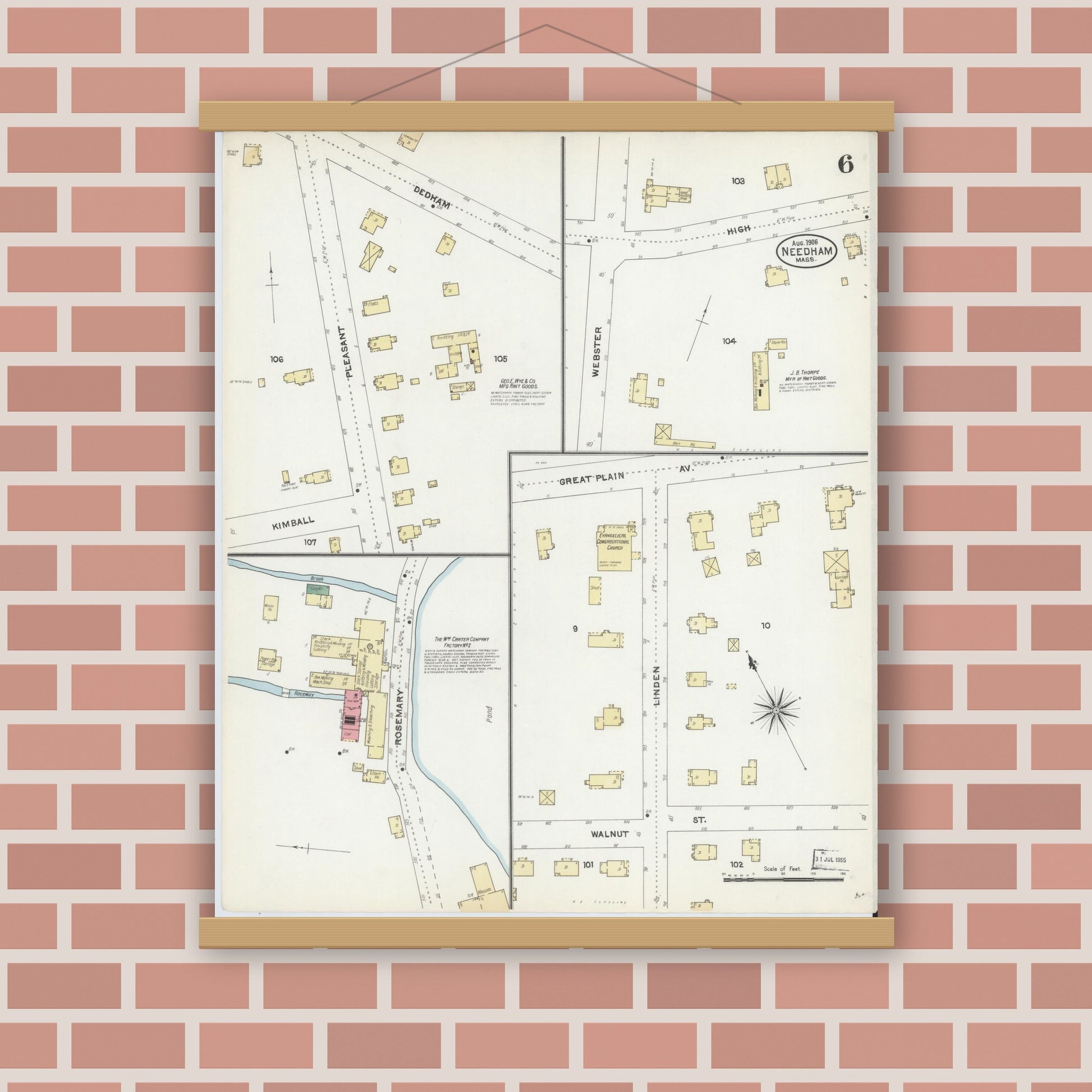 Old map wall art mockup — magnetic wood frame on brick wall — Sanborn Fire Insurance Map from Needham, Norfolk County, Massachusetts (1906), Sheet #0006