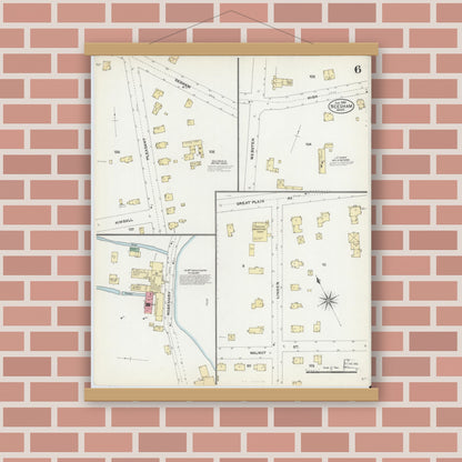 Old map wall art mockup — magnetic wood frame on brick wall — Sanborn Fire Insurance Map from Needham, Norfolk County, Massachusetts (1906), Sheet #0006