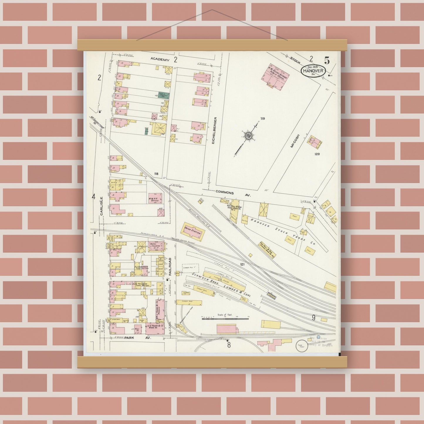 Old map wall art mockup — magnetic wood frame on brick wall — Sanborn Fire Insurance Map from Hanover, York County, Pennsylvania (1909), Sheet #0005
