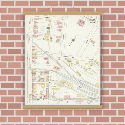 Old map wall art mockup — magnetic wood frame on brick wall — Sanborn Fire Insurance Map from Hanover, York County, Pennsylvania (1909), Sheet #0005