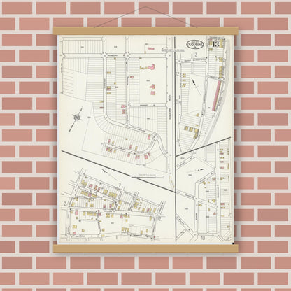 Old map wall art mockup — magnetic wood frame on brick wall — Sanborn Fire Insurance Map from Duquesne, Allegheny County, Pennsylvania (1917), Sheet #0013