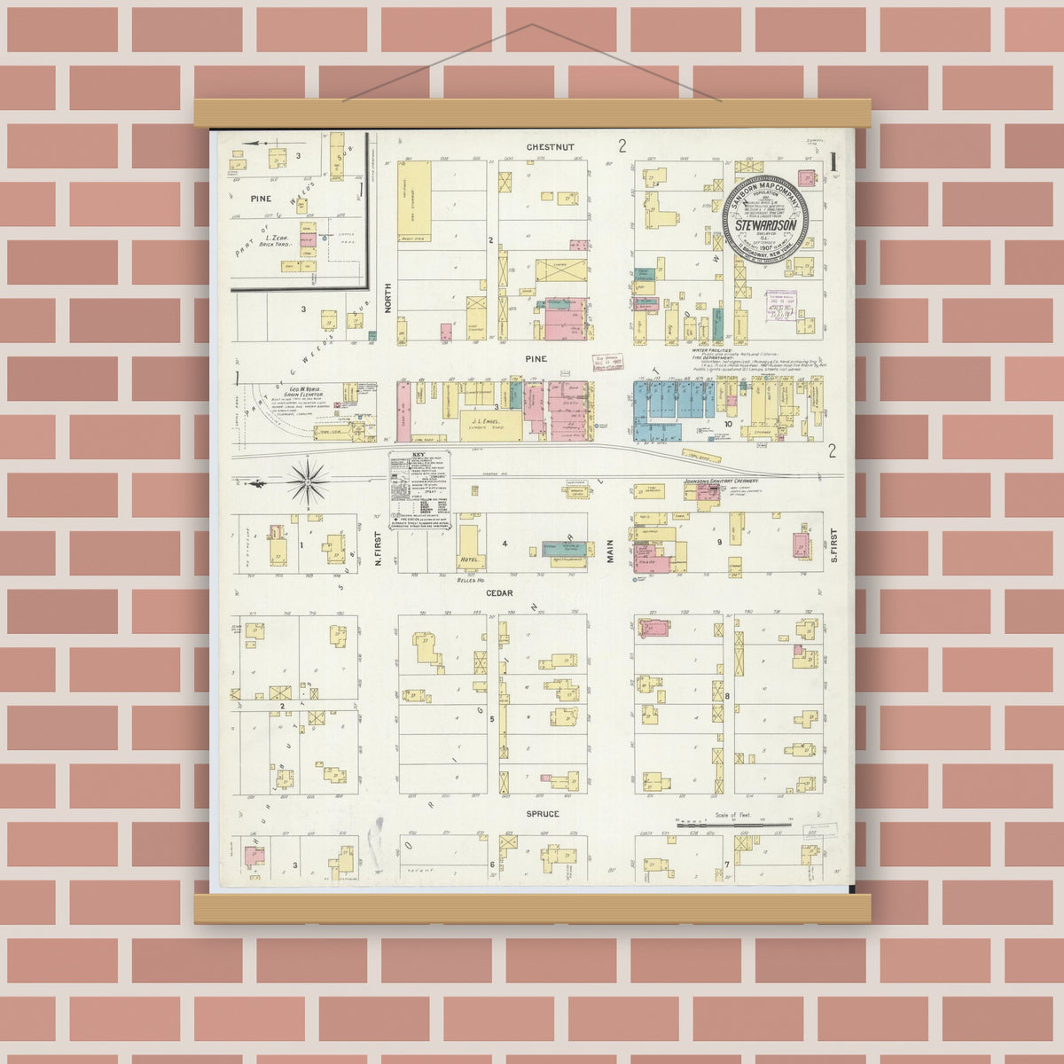 Old map wall art mockup — magnetic wood frame on brick wall — Sanborn Fire Insurance Map from Stewardson, Shelby County, Illinois (1907) - Complete Map Set