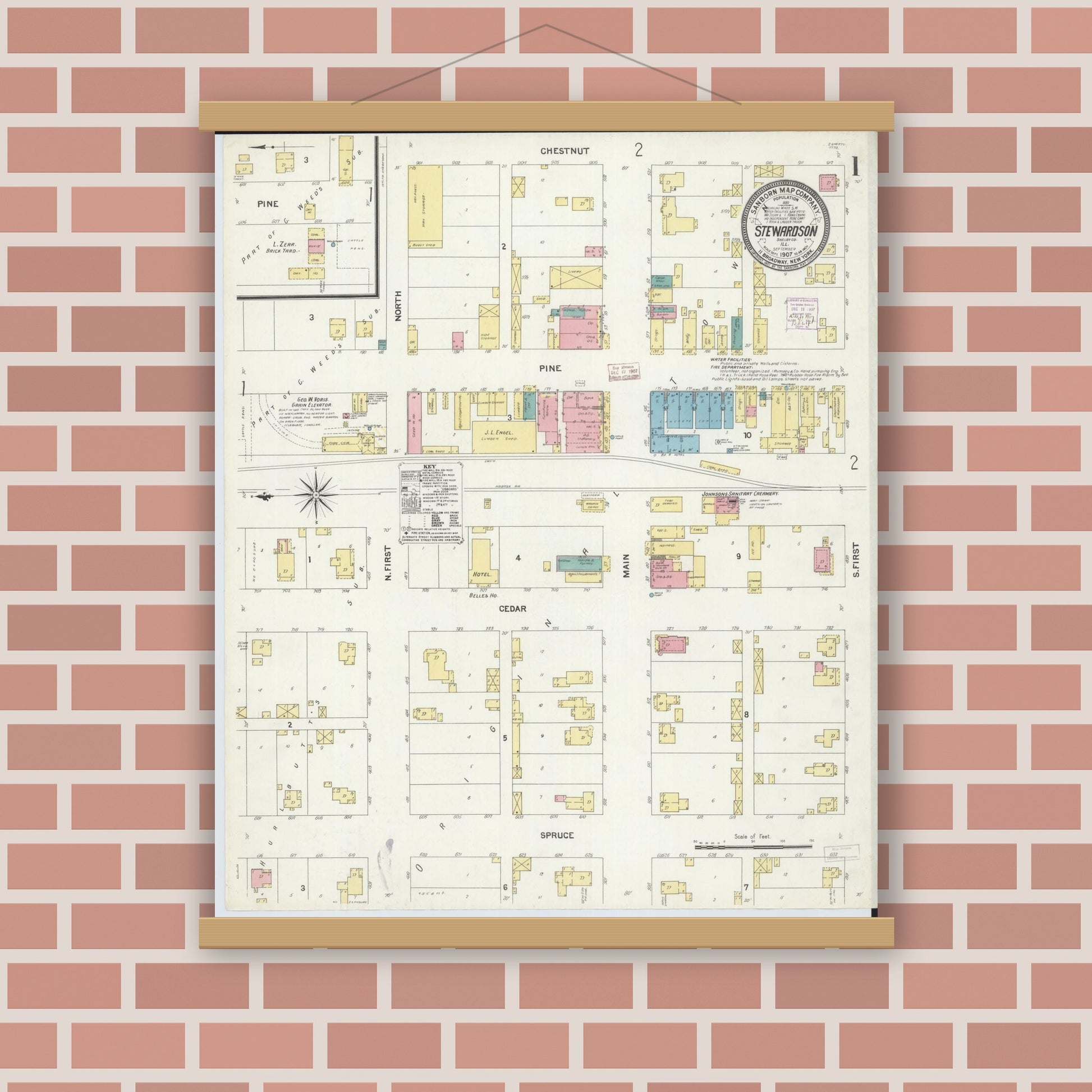 Old map wall art mockup — magnetic wood frame on brick wall — Sanborn Fire Insurance Map from Stewardson, Shelby County, Illinois (1907) - Complete Map Set