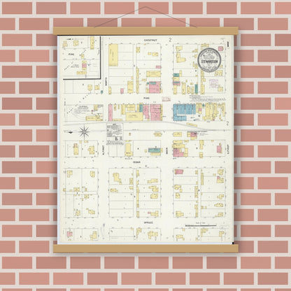 Old map wall art mockup — magnetic wood frame on brick wall — Sanborn Fire Insurance Map from Stewardson, Shelby County, Illinois (1907) - Complete Map Set