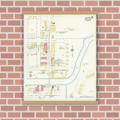 Old map wall art mockup — magnetic wood frame on brick wall — Sanborn Fire Insurance Map from Pulaski, Pulaski County, Virginia (1913), Sheet #0008