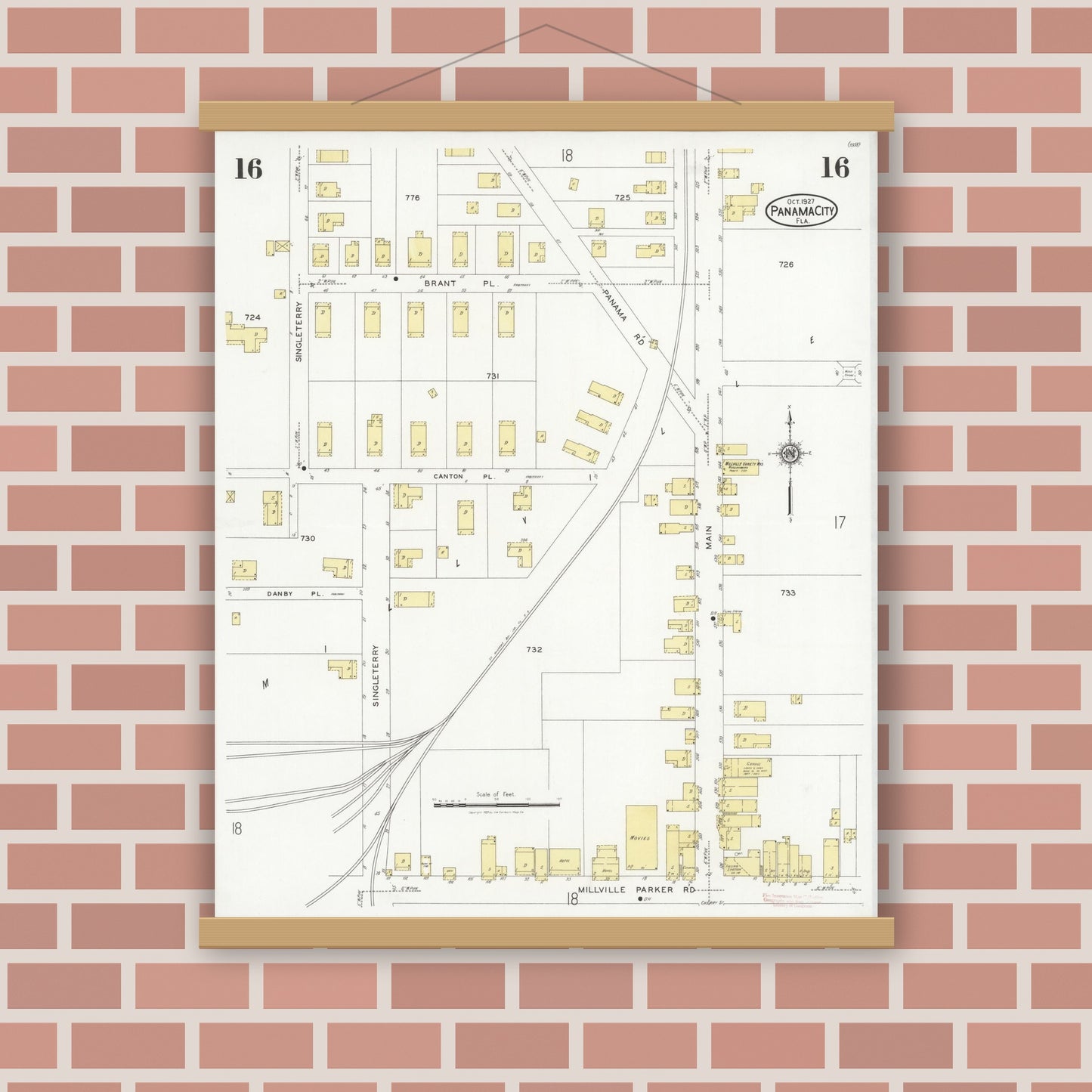 Old map wall art mockup — magnetic wood frame on brick wall — Sanborn Fire Insurance Map from Panama City, Bay County, Florida (1927), Sheet #0016