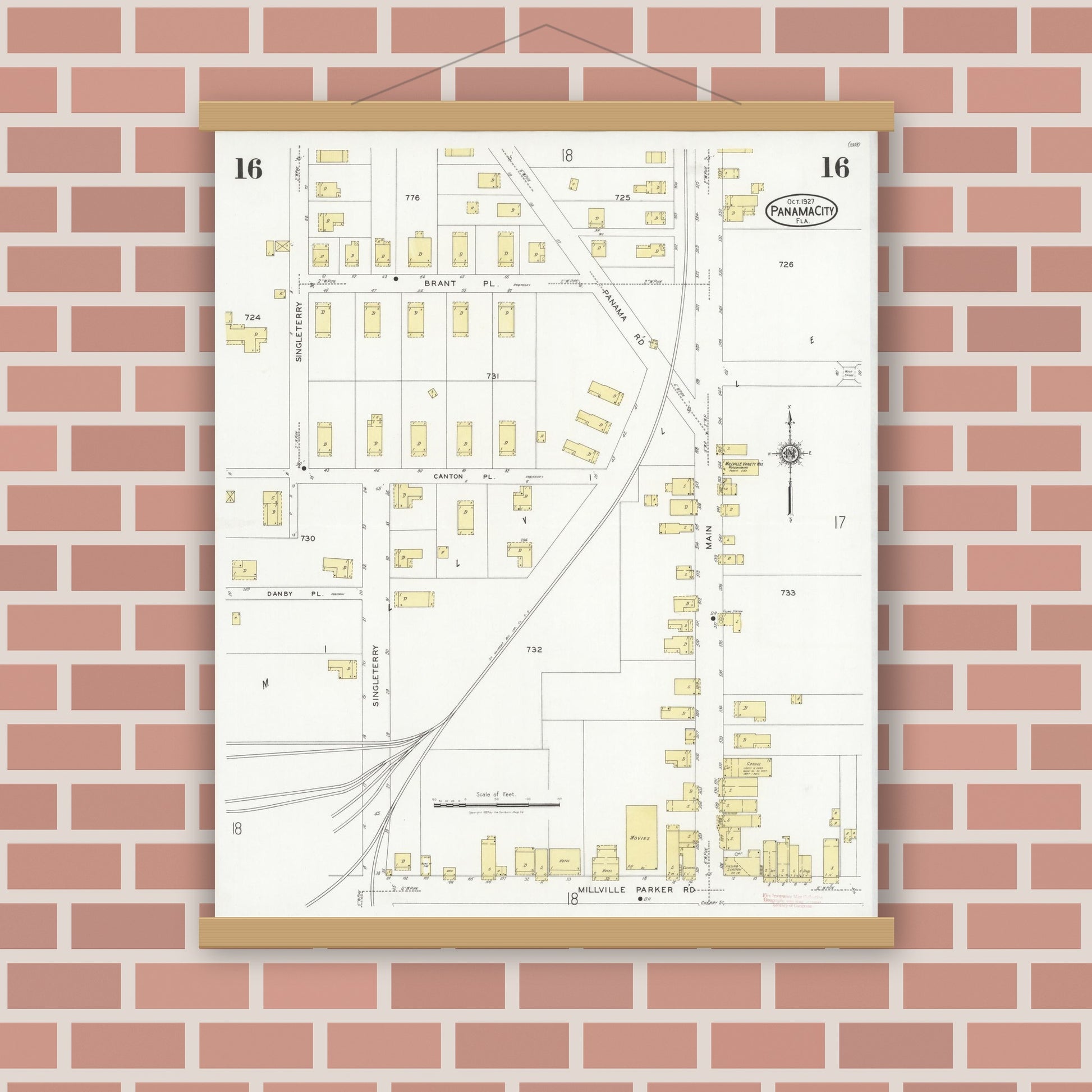 Old map wall art mockup — magnetic wood frame on brick wall — Sanborn Fire Insurance Map from Panama City, Bay County, Florida (1927), Sheet #0016