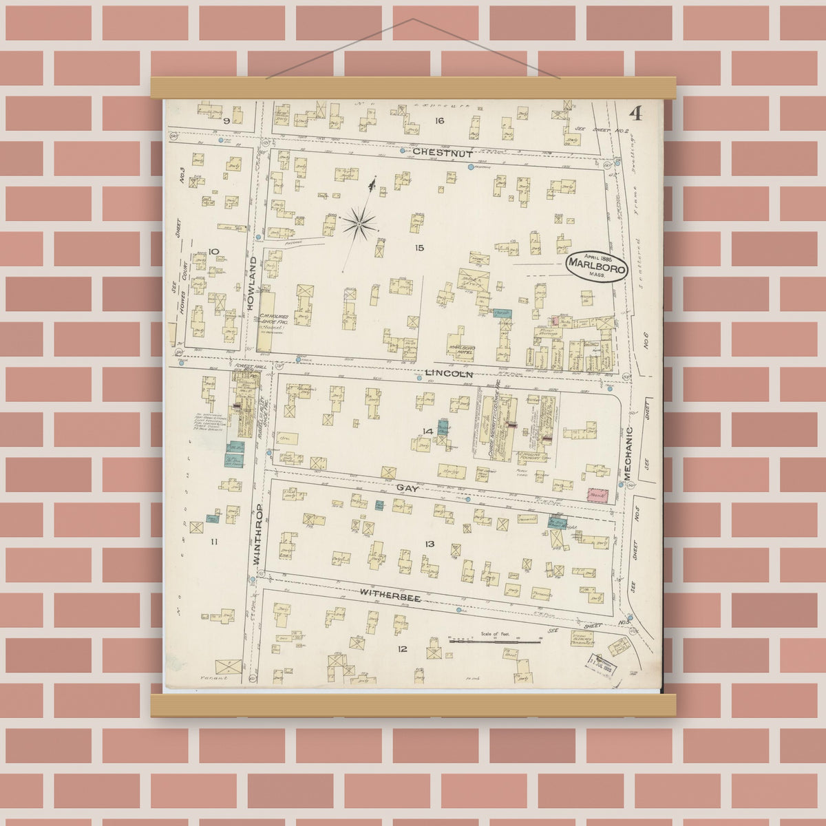 Old map wall art mockup — magnetic wood frame on brick wall — Sanborn Fire Insurance Map from Marlborough, Middlesex County, Massachusetts (1885), Sheet #0004