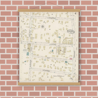 Old map wall art mockup — magnetic wood frame on brick wall — Sanborn Fire Insurance Map from Marlborough, Middlesex County, Massachusetts (1885), Sheet #0004
