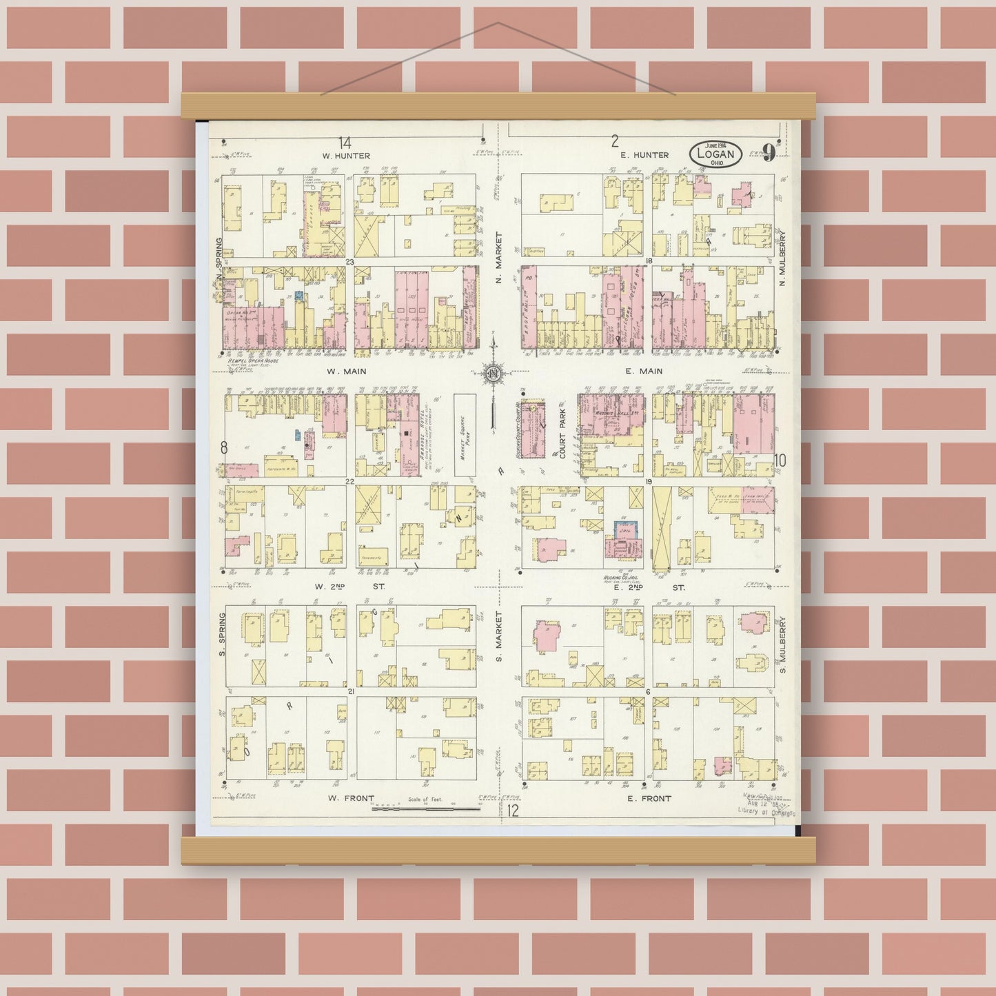 Old map wall art mockup — magnetic wood frame on brick wall — Sanborn Fire Insurance Map from Logan, Hocking County, Ohio (1914), Sheet #0009