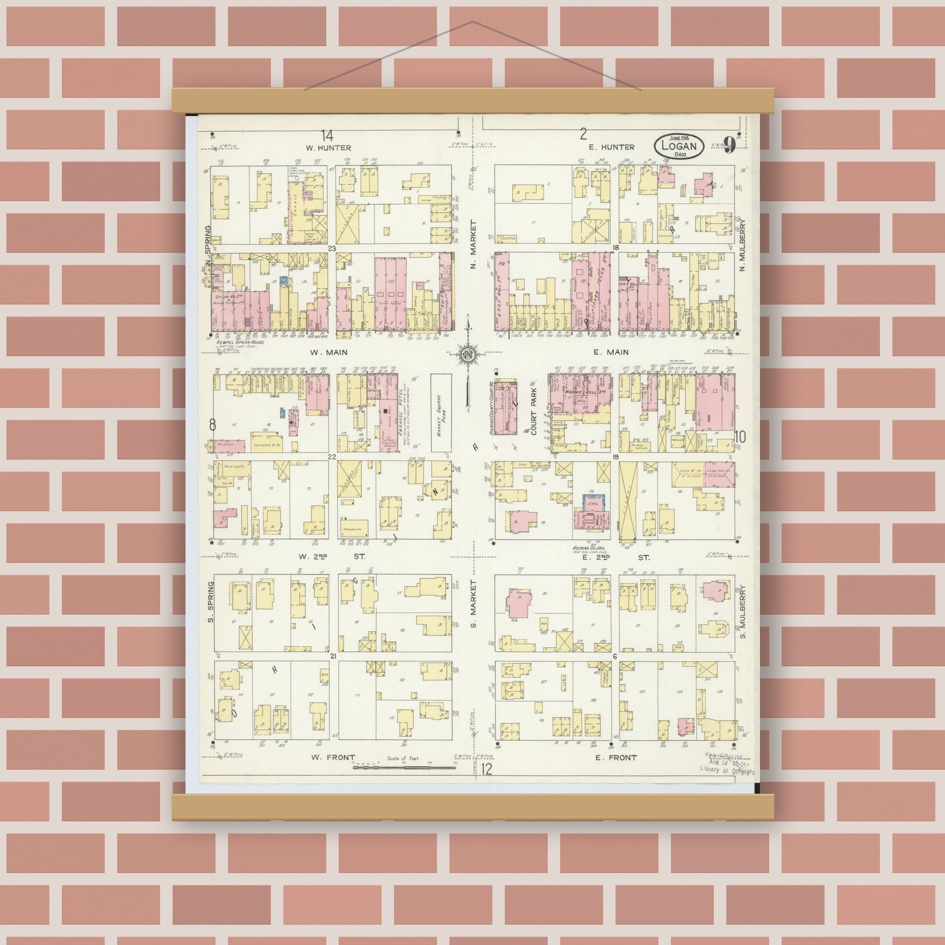 Old map wall art mockup — magnetic wood frame on brick wall — Sanborn Fire Insurance Map from Logan, Hocking County, Ohio (1914), Sheet #0009
