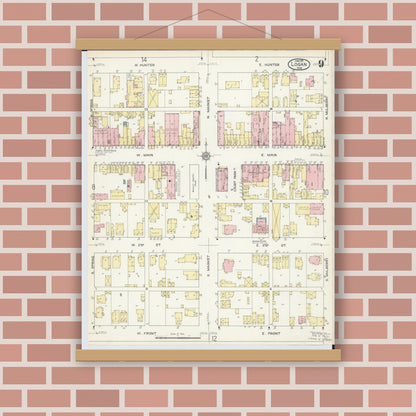Old map wall art mockup — magnetic wood frame on brick wall — Sanborn Fire Insurance Map from Logan, Hocking County, Ohio (1914), Sheet #0009