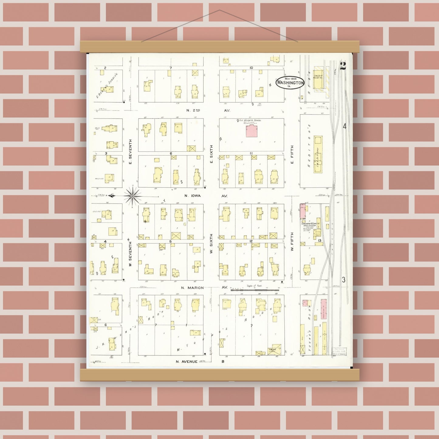 Old map wall art mockup — magnetic wood frame on brick wall — Sanborn Fire Insurance Map from Washington, Washington County, Iowa (1909), Sheet #0002