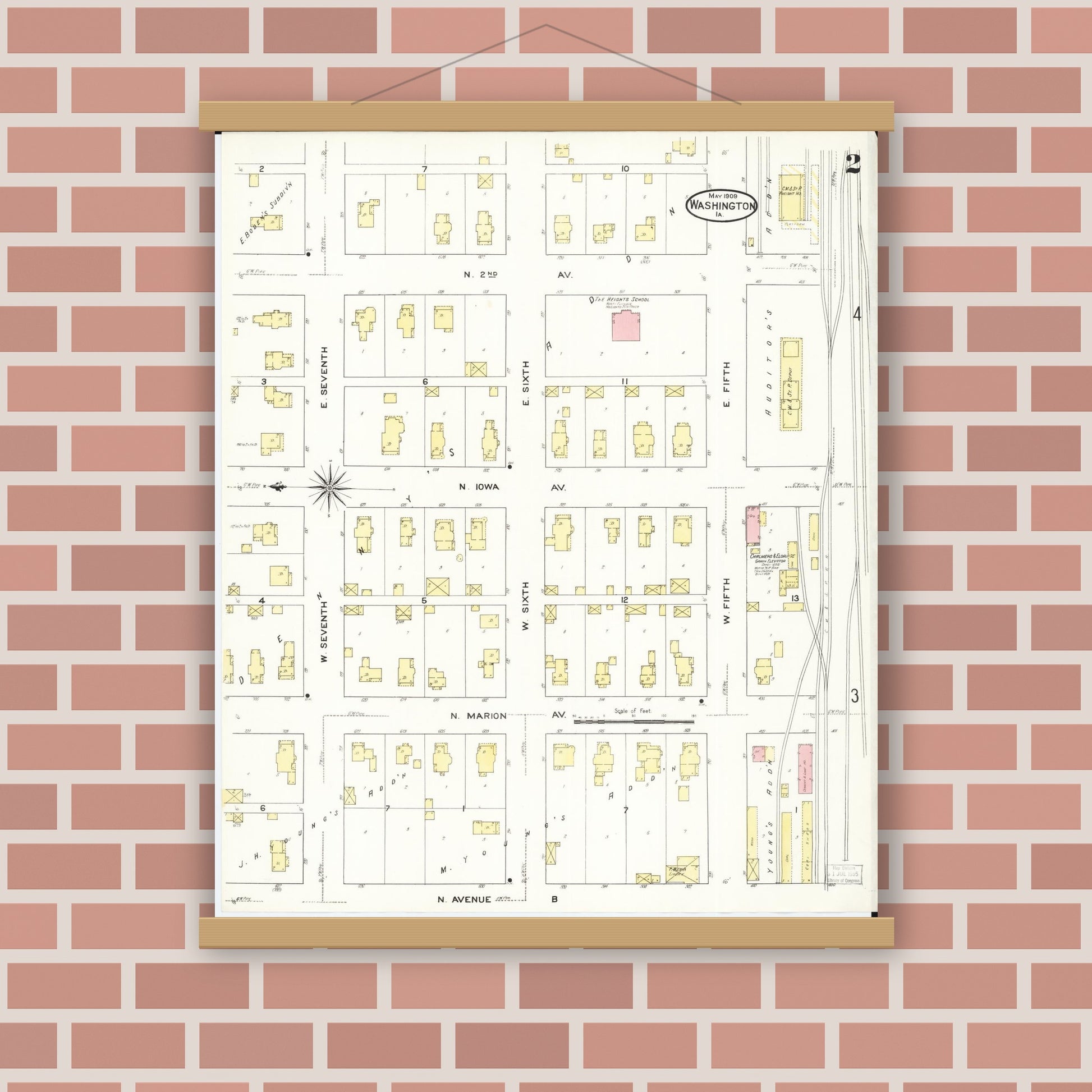 Old map wall art mockup — magnetic wood frame on brick wall — Sanborn Fire Insurance Map from Washington, Washington County, Iowa (1909), Sheet #0002