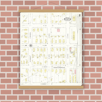 Old map wall art mockup — magnetic wood frame on brick wall — Sanborn Fire Insurance Map from Washington, Washington County, Iowa (1909), Sheet #0002