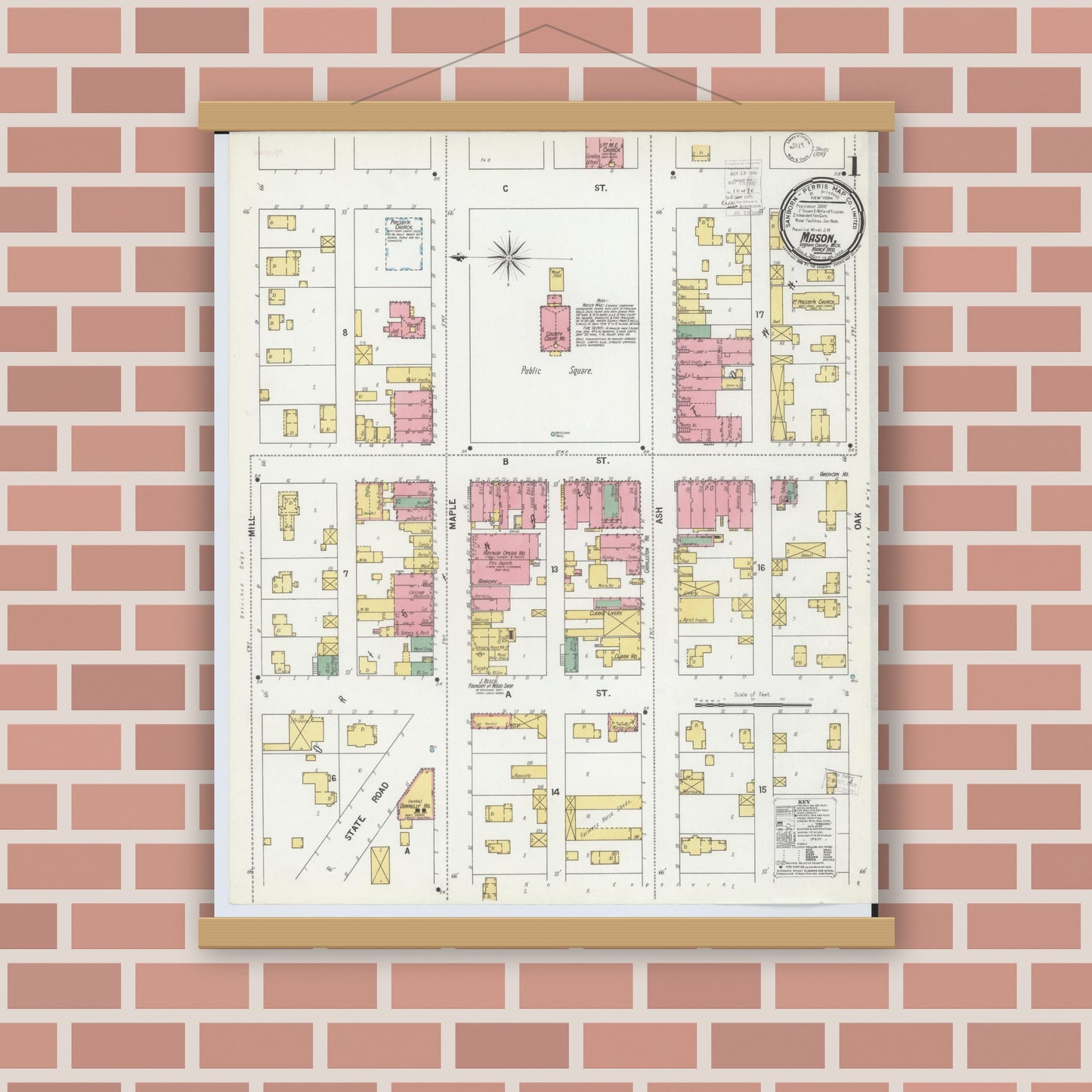 Old map wall art mockup — magnetic wood frame on brick wall — Sanborn Fire Insurance Map from Mason, Ingham County, Michigan (1900) - Complete Map Set