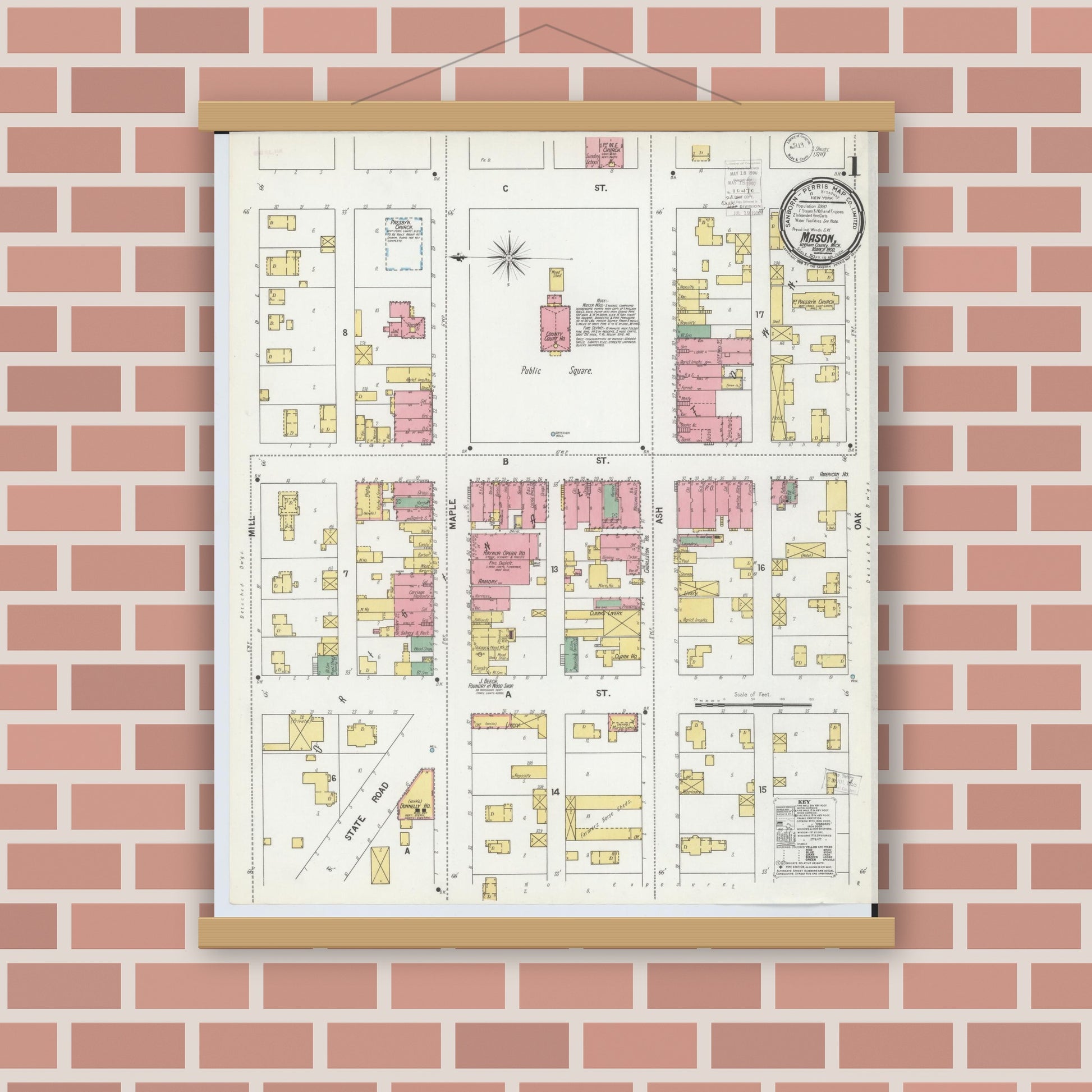 Old map wall art mockup — magnetic wood frame on brick wall — Sanborn Fire Insurance Map from Mason, Ingham County, Michigan (1900) - Complete Map Set