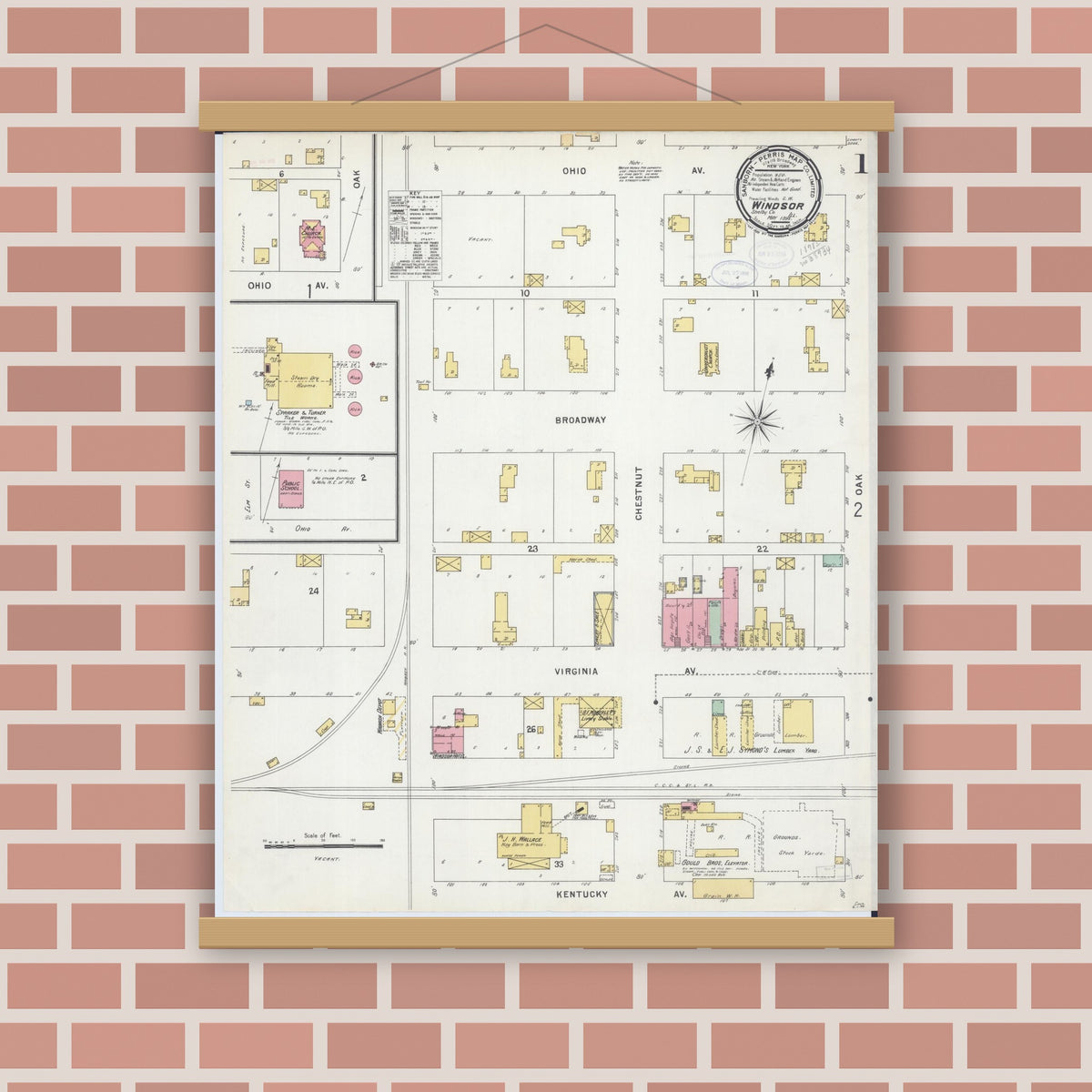 Old map wall art mockup — magnetic wood frame on brick wall — Sanborn Fire Insurance Map from Windsor, Shelby County, Illinois (1898) - Complete Map Set