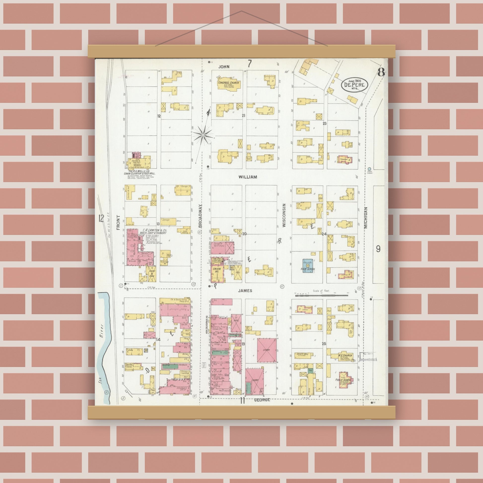 Old map wall art mockup — magnetic wood frame on brick wall — Sanborn Fire Insurance Map from De Pere, Brown County, Wisconsin (1900), Sheet #0008