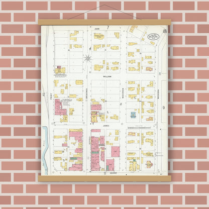 Old map wall art mockup — magnetic wood frame on brick wall — Sanborn Fire Insurance Map from De Pere, Brown County, Wisconsin (1900), Sheet #0008