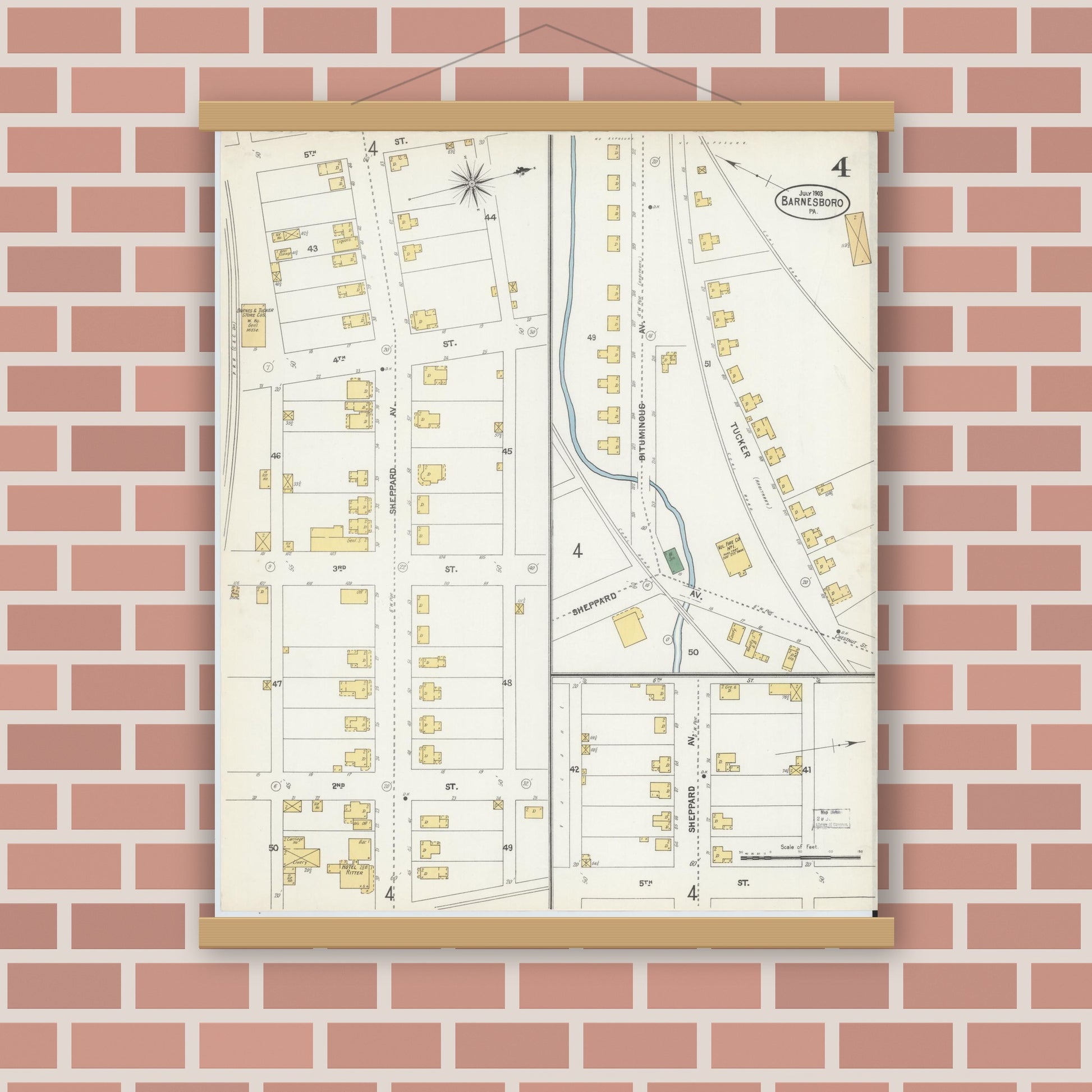 Old map wall art mockup — magnetic wood frame on brick wall — Sanborn Fire Insurance Map from Barnesboro, Cambria County, Pennsylvania (1903), Sheet #0004