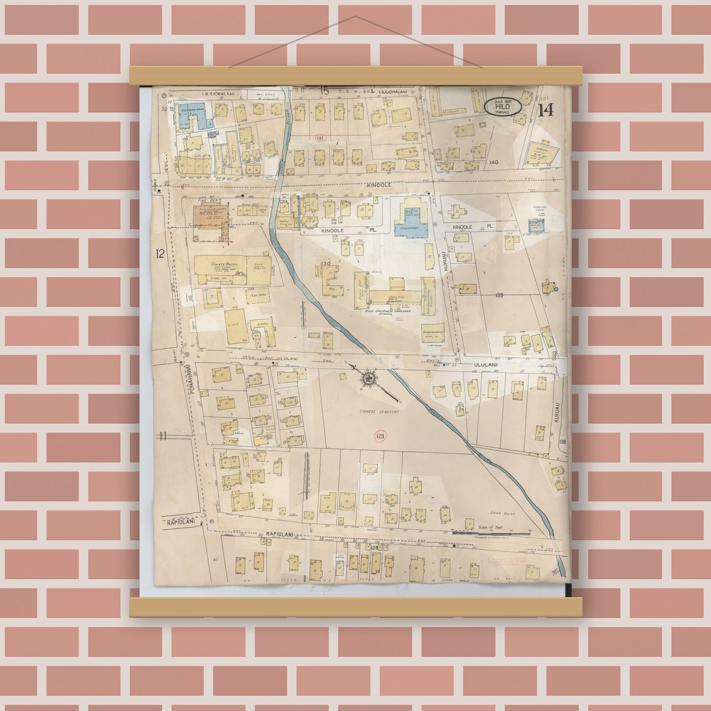 Old map wall art mockup — magnetic wood frame on brick wall — Sanborn Fire Insurance Map from Hilo, Hawaii County, Hawaii (1957), Sheet #0014