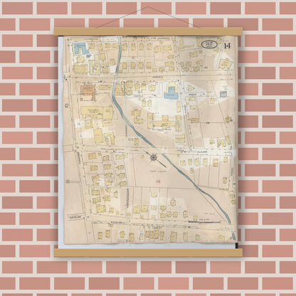 Old map wall art mockup — magnetic wood frame on brick wall — Sanborn Fire Insurance Map from Hilo, Hawaii County, Hawaii (1957), Sheet #0014