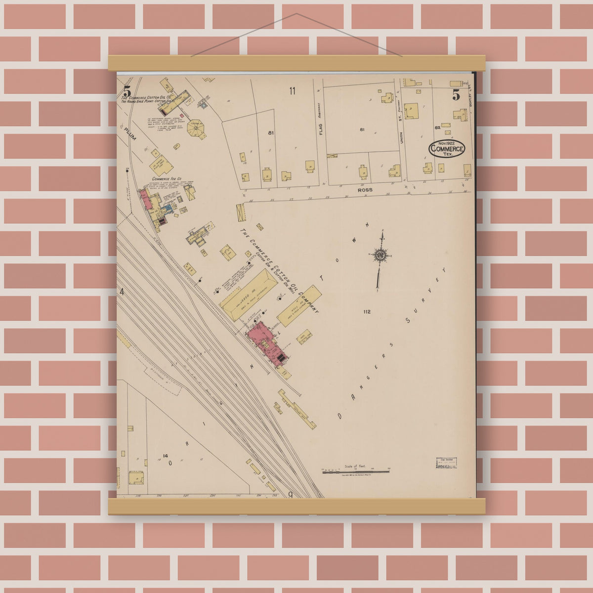 Old map wall art mockup — magnetic wood frame on brick wall — Sanborn Fire Insurance Map from Commerce, Hunt County, Texas (1922), Sheet #0005