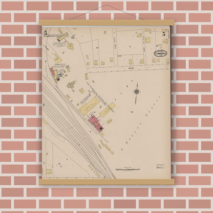 Old map wall art mockup — magnetic wood frame on brick wall — Sanborn Fire Insurance Map from Commerce, Hunt County, Texas (1922), Sheet #0005